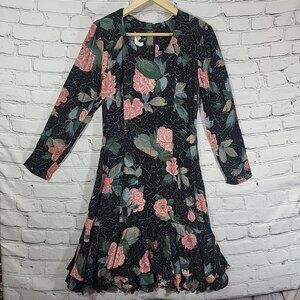 VTG 80s Phoebe Fairy Dress‎ Black Floral Long Sleeve Ruffle Whimsigoth Size 10